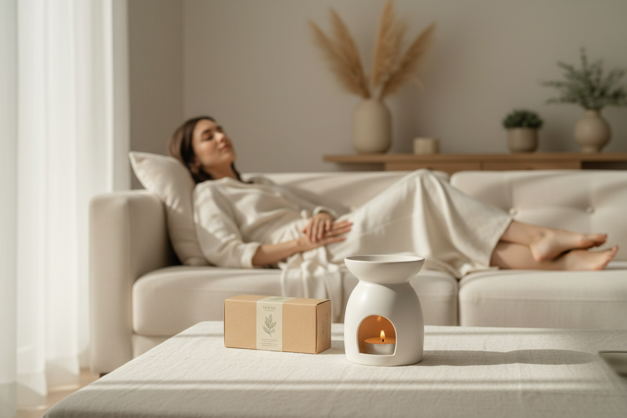 a woman relaxing on a cream sofa whilst using herzawadee wax melts