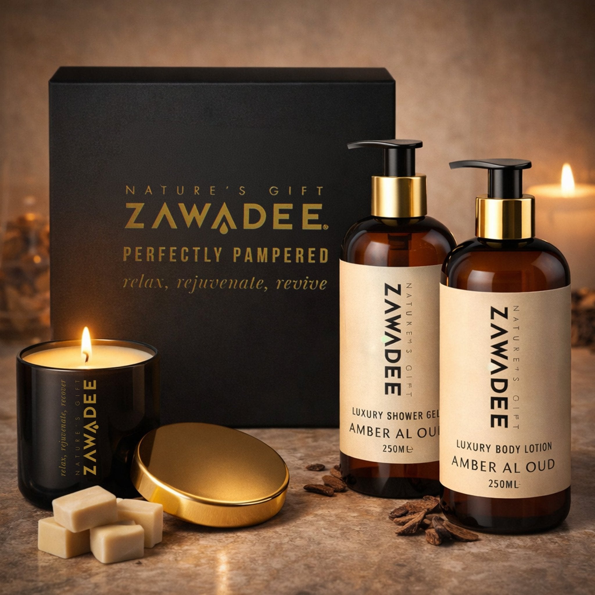 Amber Al Oud Luxury Gift Set | Oud Candle & Body Ritual - Zawadee_Gifts