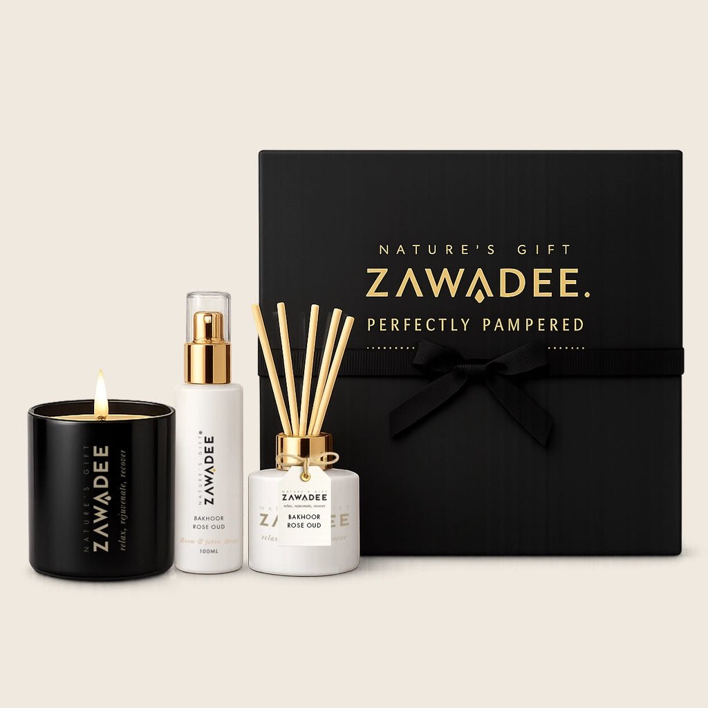 Bakhoor Rose Oud — Luxury Home Fragrance Ritual Set | Candle, Reed Diffuser & Room Spray - Zawadee_Home Fragrance Gift Set