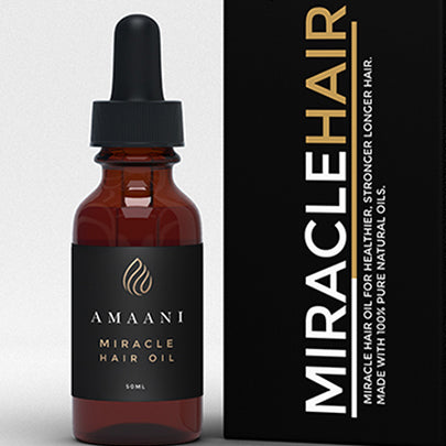 Miracle Organic Hair Oil for thining hair in an amber dropper bottle with black box